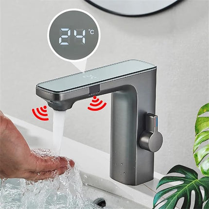 Faucet/Tap,Smart LCD Sensor Basin Faucet, Digital Display Screen Hot and Cold Water Mixer Tap, Brass Deck Mounted Touchless Bathroom Sink Faucet (Chrome)