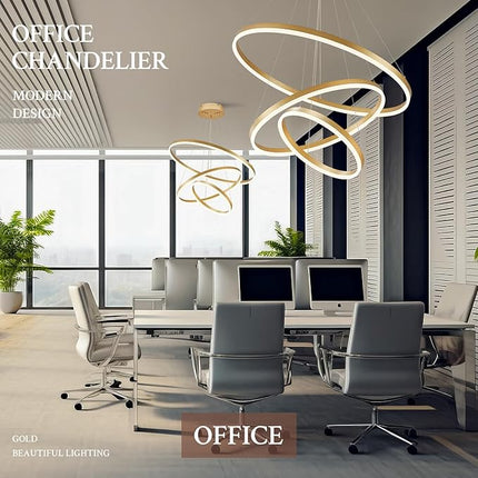 Gold Modern LED Ring Chandelier with Remote – Luxury Dimmable Pendant Light for High Ceilings, Staircases, and Living Spaces
