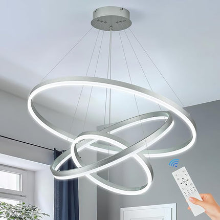 Modern Silver LED Ring Chandelier with Remote – Dimmable Contemporary Pendant Light for Living Room, Bedroom, or Entryway
