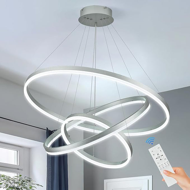 Modern Silver LED Ring Chandelier with Remote – Dimmable Contemporary Pendant Light for Living Room, Bedroom, or Entryway