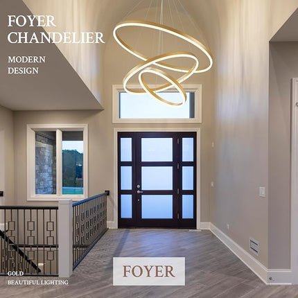 Gold Modern LED Ring Chandelier with Remote – Luxury Dimmable Pendant Light for High Ceilings, Staircases, and Living Spaces