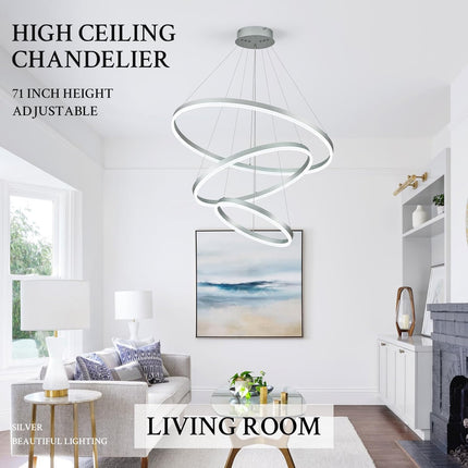 Modern Silver LED Ring Chandelier with Remote – Dimmable Contemporary Pendant Light for Living Room, Bedroom, or Entryway