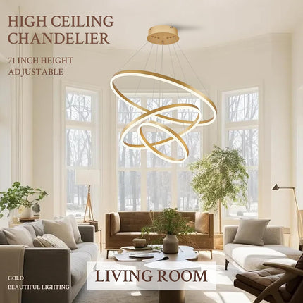 Gold Modern LED Ring Chandelier with Remote – Luxury Dimmable Pendant Light for High Ceilings, Staircases, and Living Spaces