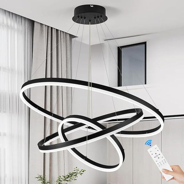 Modern LED Chandelier with Remote – Adjustable Black Ring Ceiling Light Fixture for Living Room, Dining Room, or Office