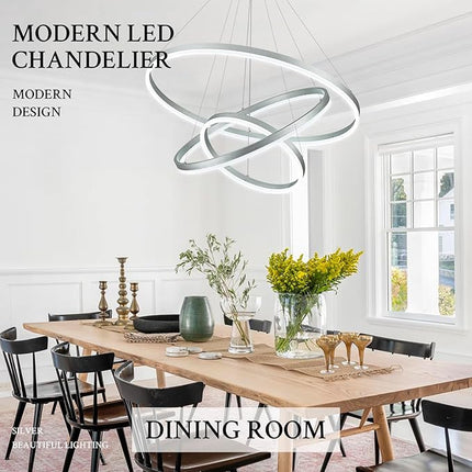 Modern Silver LED Ring Chandelier with Remote – Dimmable Contemporary Pendant Light for Living Room, Bedroom, or Entryway