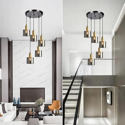 Pendant Light, Smoke Gray Glass Pendant Light, Modern Glass 5 Hanging Light Chandelier for Living Room Dining Room Bedroom Kitchen Island (Smoke Gray)