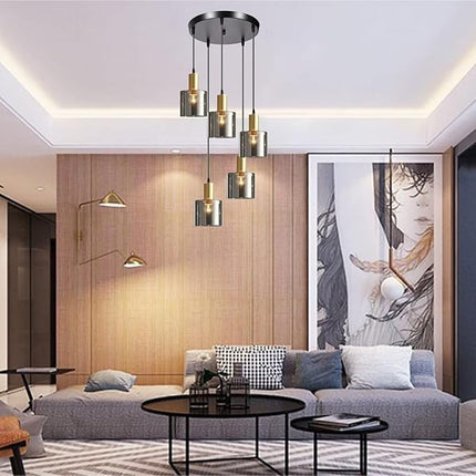 Pendant Light, Smoke Gray Glass Pendant Light, Modern Glass 5 Hanging Light Chandelier for Living Room Dining Room Bedroom Kitchen Island (Smoke Gray)