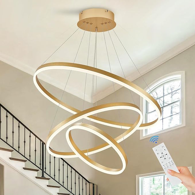 Gold Modern LED Ring Chandelier with Remote – Luxury Dimmable Pendant Light for High Ceilings, Staircases, and Living Spaces