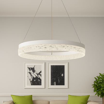 Modern White Crystal Ring Pendant Light – Elegant LED Chandelier for Living Room & Dining