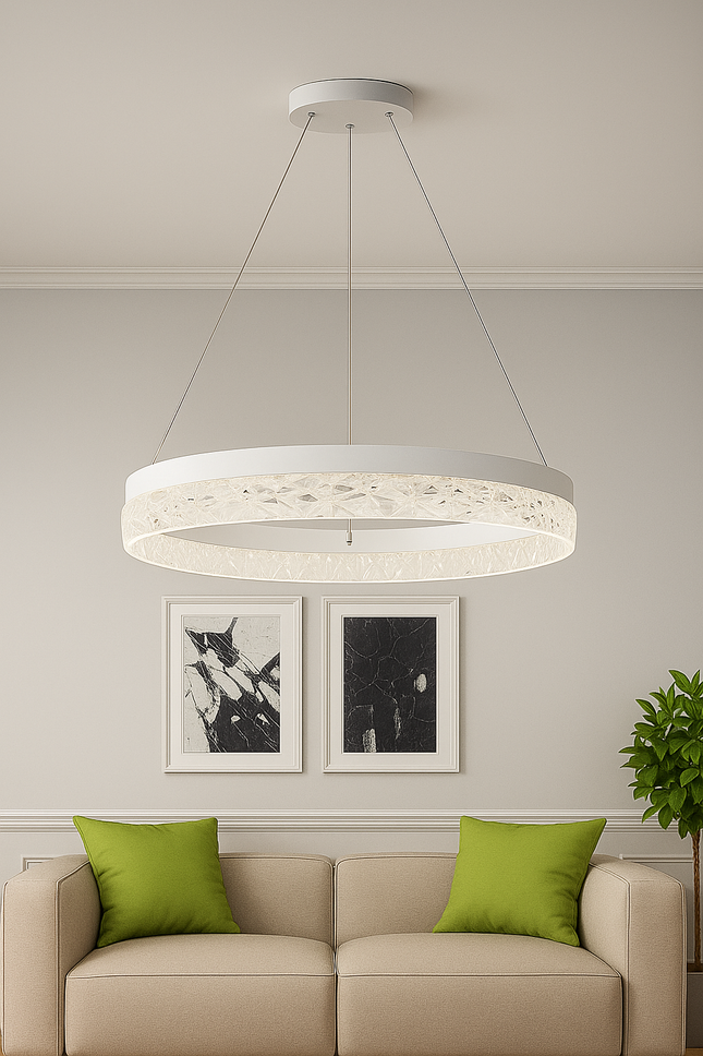 Modern White Crystal Ring Pendant Light – Elegant LED Chandelier for Living Room & Dining