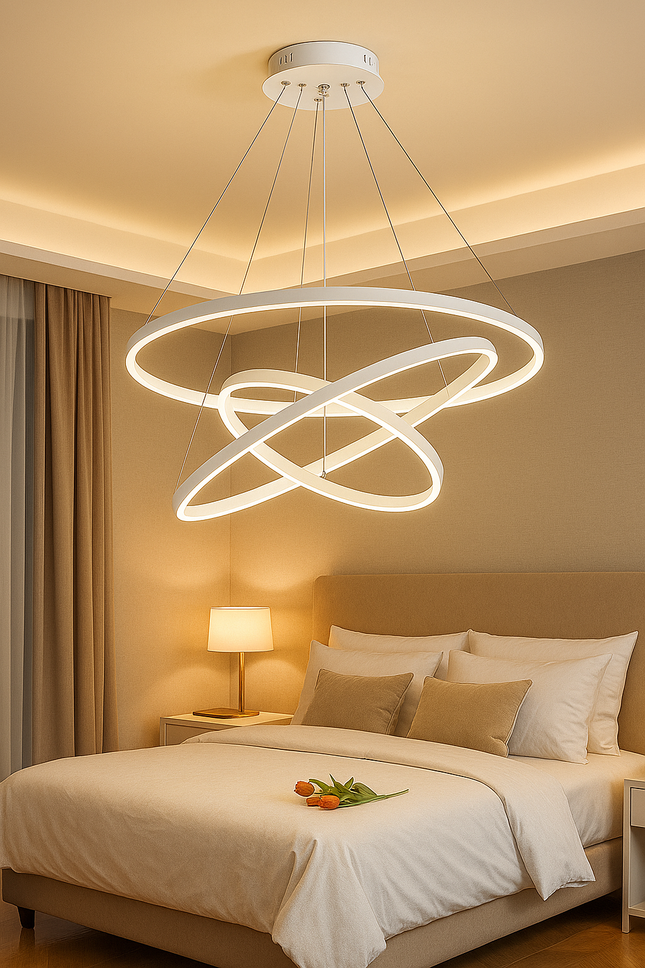 Modern 3-Ring White LED Chandelier Light with Remote – Luxury Pendant for Hotels, Living Rooms & Dining Areas
