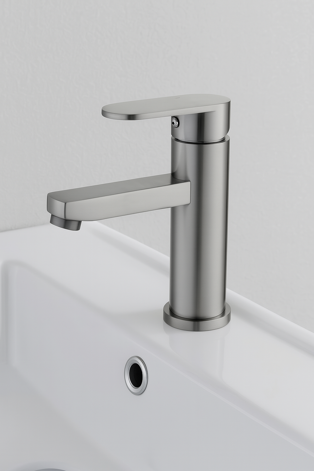 Brushed Nickel Round Basin Faucet – Sleek Single Handle Bathroom Mixer Tap