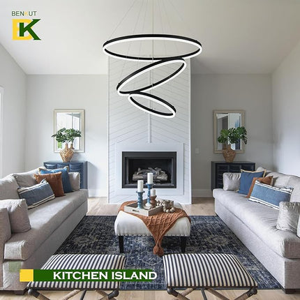 Modern LED Chandelier with Remote – Adjustable Black Ring Ceiling Light Fixture for Living Room, Dining Room, or Office