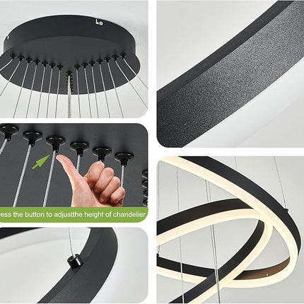 Modern LED Chandelier with Remote – Adjustable Black Ring Ceiling Light Fixture for Living Room, Dining Room, or Office