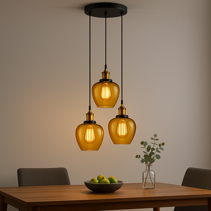 Amber Apple Shape Glass 3-Light Pendant Set with Vintage Edison Bulbs – Modern Dining Room Lighting