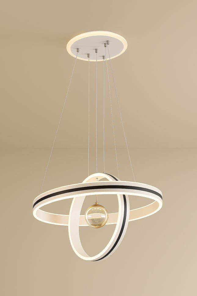 Futuristic LED Pendant Light with Dual Rings & Globe