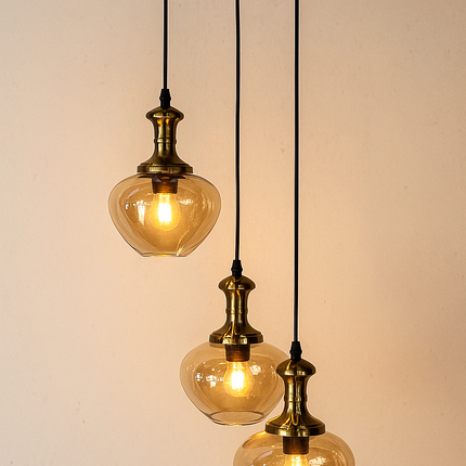3-Light Glass Pendant Chandelier – Adjustable Hanging Ceiling Light with Brass Finish and 30CM Base