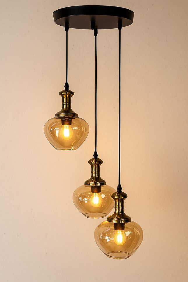 3-Light Glass Pendant Chandelier – Adjustable Hanging Ceiling Light with Brass Finish and 30CM Base