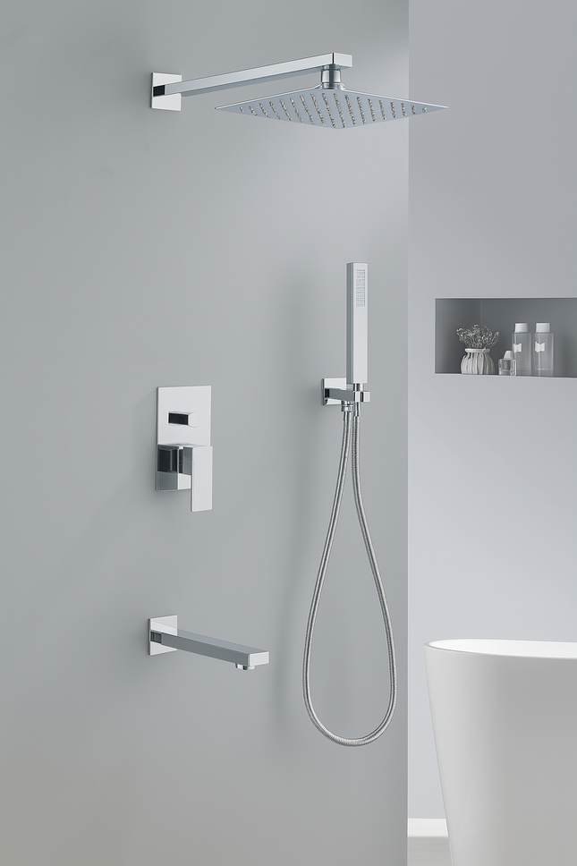 Modern Wall-Mounted Shower Set with Rainfall Head, Handheld Sprayer & Spout – Minimalist Square Design