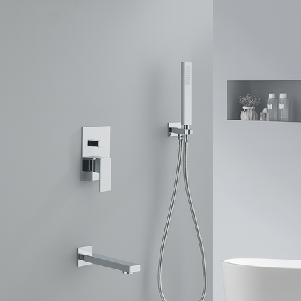 Modern Wall-Mounted Shower Set with Rainfall Head, Handheld Sprayer & Spout – Minimalist Square Design