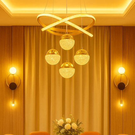 Luxury Modern Crystal LED Chandelier – 4 Globe Pendant with Golden Rings for Dining & Bedroom