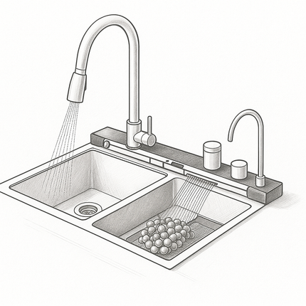 Smart Dual Basin Kitchen Sink with Pull-Down Faucet, LED Touch Panel & Fruit Washer – Modern Stainless Steel Set