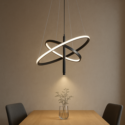 Modern Black LED Pendant Light | 3-Color Dimmable Rings | Chandelier for Dining Room