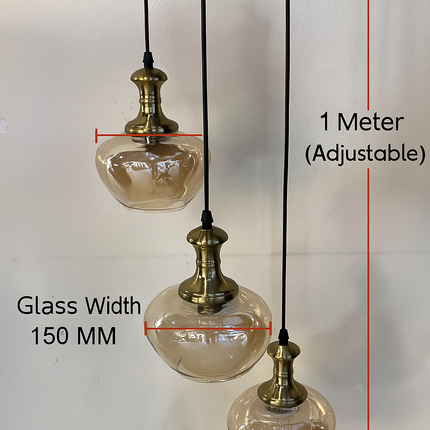 3-Light Glass Pendant Chandelier – Adjustable Hanging Ceiling Light with Brass Finish and 30CM Base