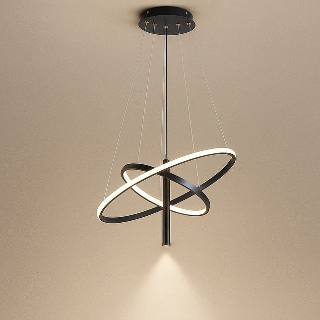 Modern Black LED Pendant Light | 3-Color Dimmable Rings | Chandelier for Dining Room