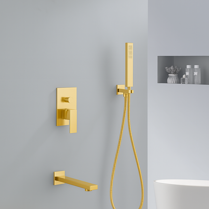 Modern Wall-Mounted Shower Set with Rainfall Head, Handheld Sprayer & Spout – Minimalist Square Design