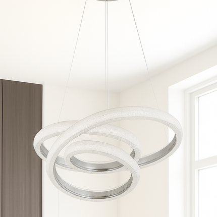 Modern Crystal LED Ring Chandelier – 3-Color Dimmable Pendant Light in Silver Finish for Dining Room, Living Room, and Foyer