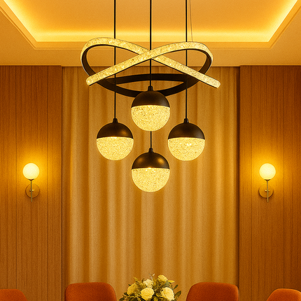 Modern Black Crystal Ring Pendant Chandelier – 4 Globe Hanging Light for Bedroom & Dining Room