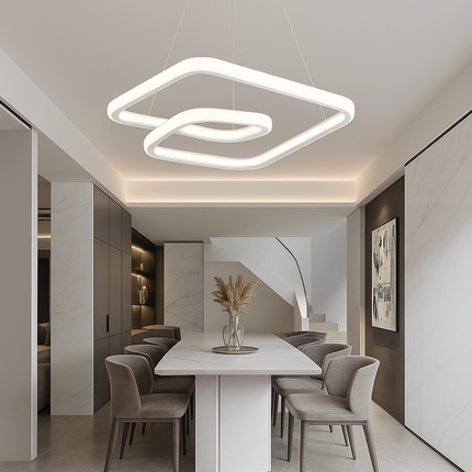 Modern LED Geometric Pendant Light – Intertwined Loop Chandelier in White/Silver/Gold Finish for Dining Room or Living Space