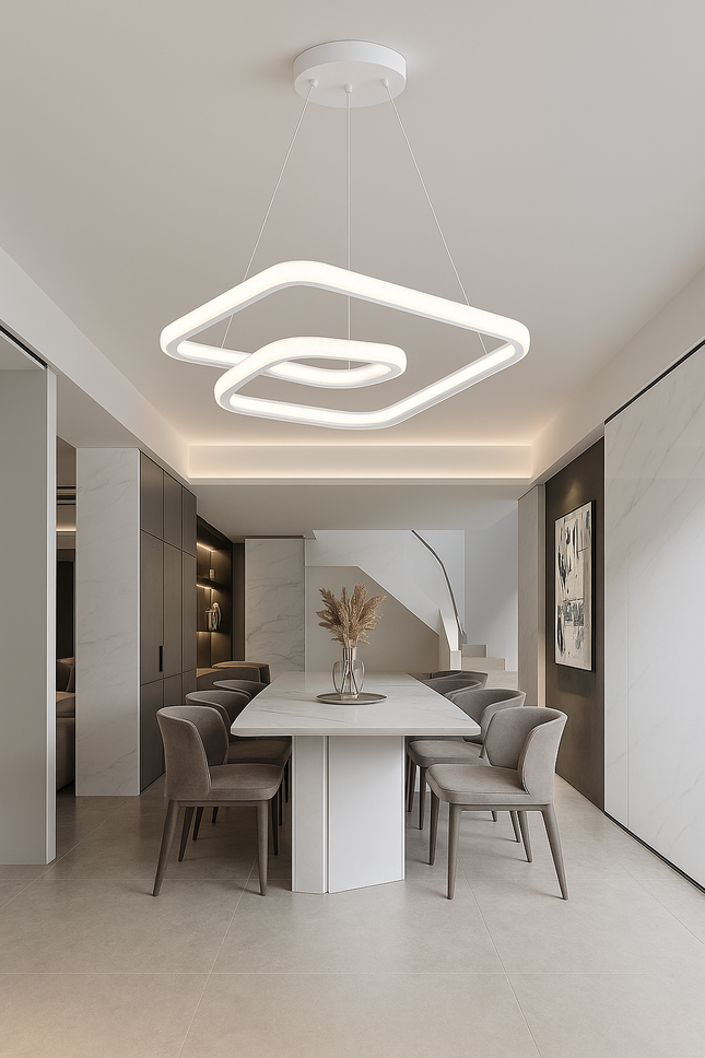 Modern LED Geometric Pendant Light – Intertwined Loop Chandelier in White/Silver/Gold Finish for Dining Room or Living Space