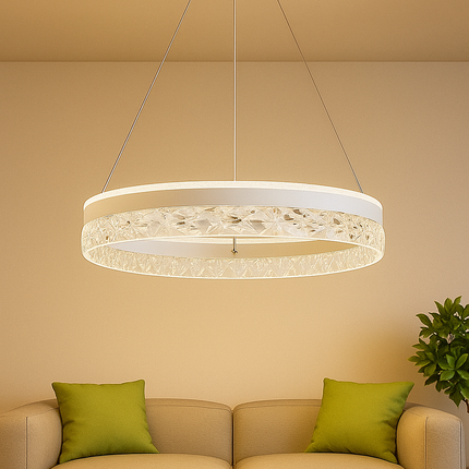 Modern White Crystal Ring Pendant Light – Elegant LED Chandelier for Living Room & Dining