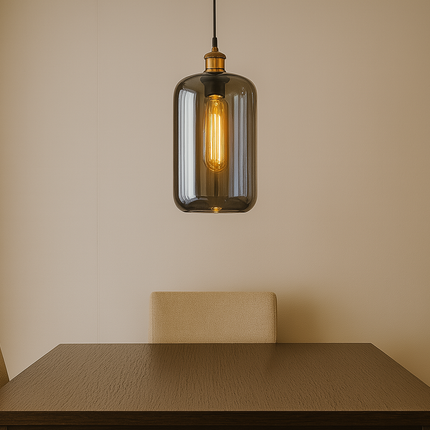 Modern Smoked Glass Pendant Light – Cylinder Design with Warm Glow