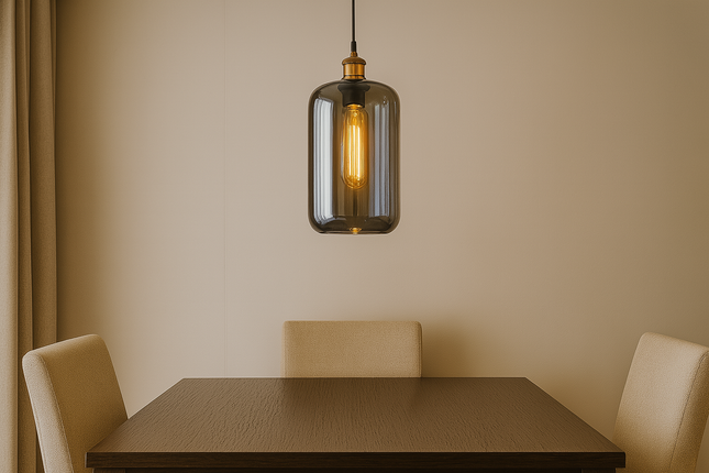Modern Smoked Glass Pendant Light – Cylinder Design with Warm Glow