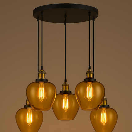 Amber Apple Shape Glass 5-Light Pendant Chandelier – Vintage Edison Bulbs with Black Round Canopy