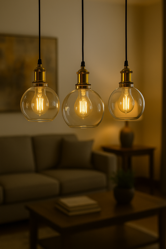 Modern Clear Glass Globe Pendant Light (Set of 3) – 200mm Edison Bulb Fixture with Brass Holder & Black Cord – Vintage Industrial Hanging Ceiling Lamp for Kitchen, Dining, Living Room