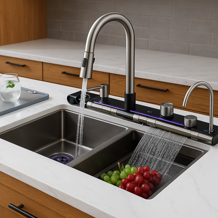 Smart Dual Basin Kitchen Sink with Pull-Down Faucet, LED Touch Panel & Fruit Washer – Modern Stainless Steel Set