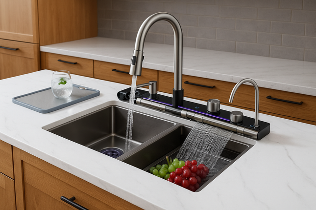 Smart Dual Basin Kitchen Sink with Pull-Down Faucet, LED Touch Panel & Fruit Washer – Modern Stainless Steel Set