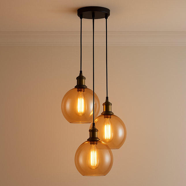 3-Light Glass Pendant Light Classic Cluster Chandelier Industrial Ceiling Lighting Fixture with Amber Globe Glass Shades for Kitchen Island Living Room Dining Room