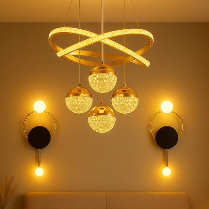 Luxury Modern Crystal LED Chandelier – 4 Globe Pendant with Golden Rings for Dining & Bedroom