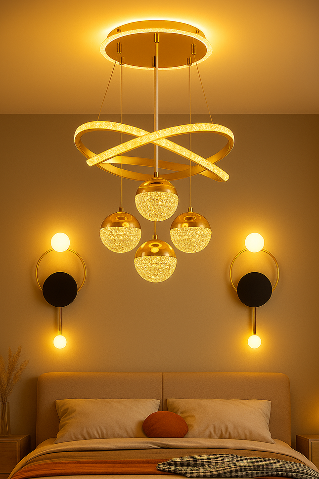 Luxury Modern Crystal LED Chandelier – 4 Globe Pendant with Golden Rings for Dining & Bedroom