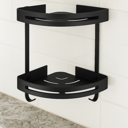 2-Tier Corner Wall-Mounted Bathroom Shelf with Hooks – Rustproof Aluminum Organizer Rack