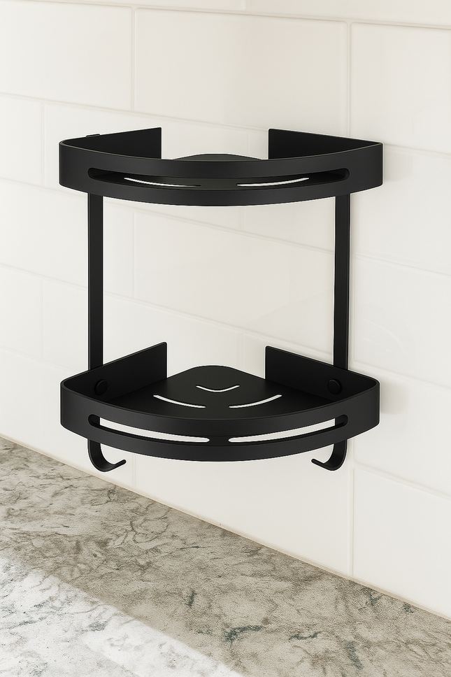 2-Tier Corner Wall-Mounted Bathroom Shelf with Hooks – Rustproof Aluminum Organizer Rack