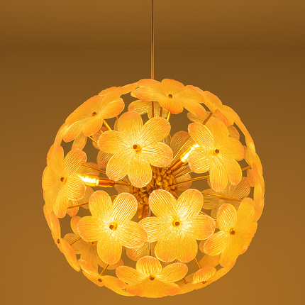 Elegant Pink Floral Glass Chandelier – Modern Hanging Light Fixture with Golden Accents