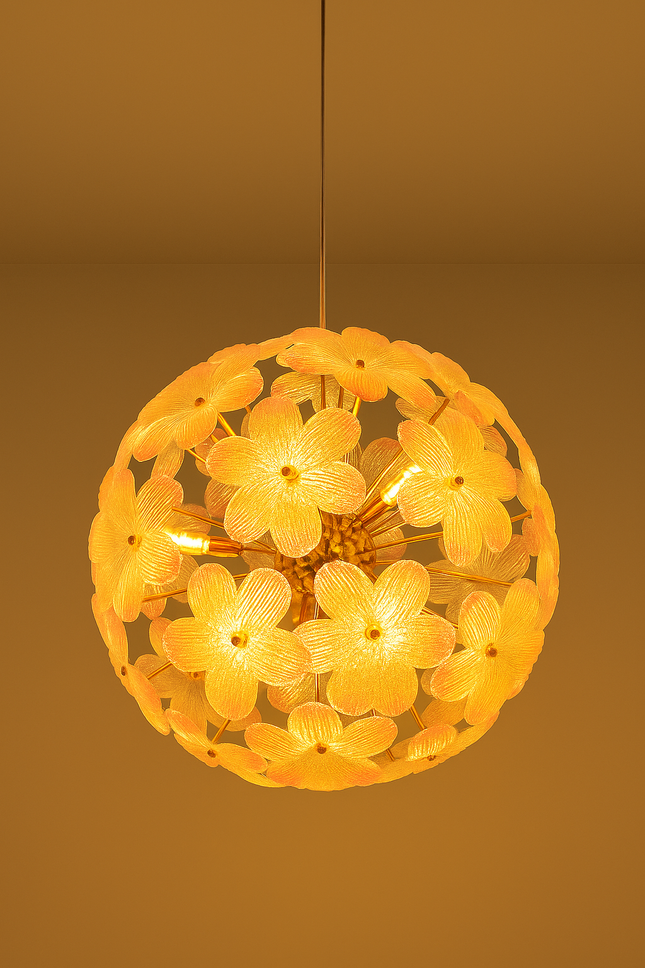Elegant Pink Floral Glass Chandelier – Modern Hanging Light Fixture with Golden Accents