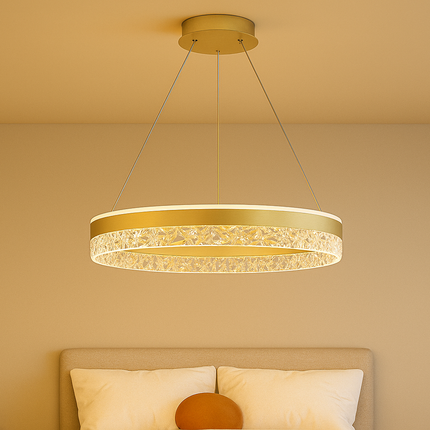 Luxury Crystal Ring Pendant Light – Warm Gold Finish | Elegant Bedroom Ceiling Fixture